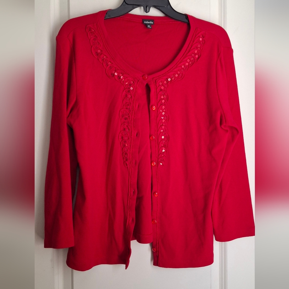 Rrafaella Cardigan Sweater Red Embellished Sz M BOHEMIAN PROFESIONAL FORMAL